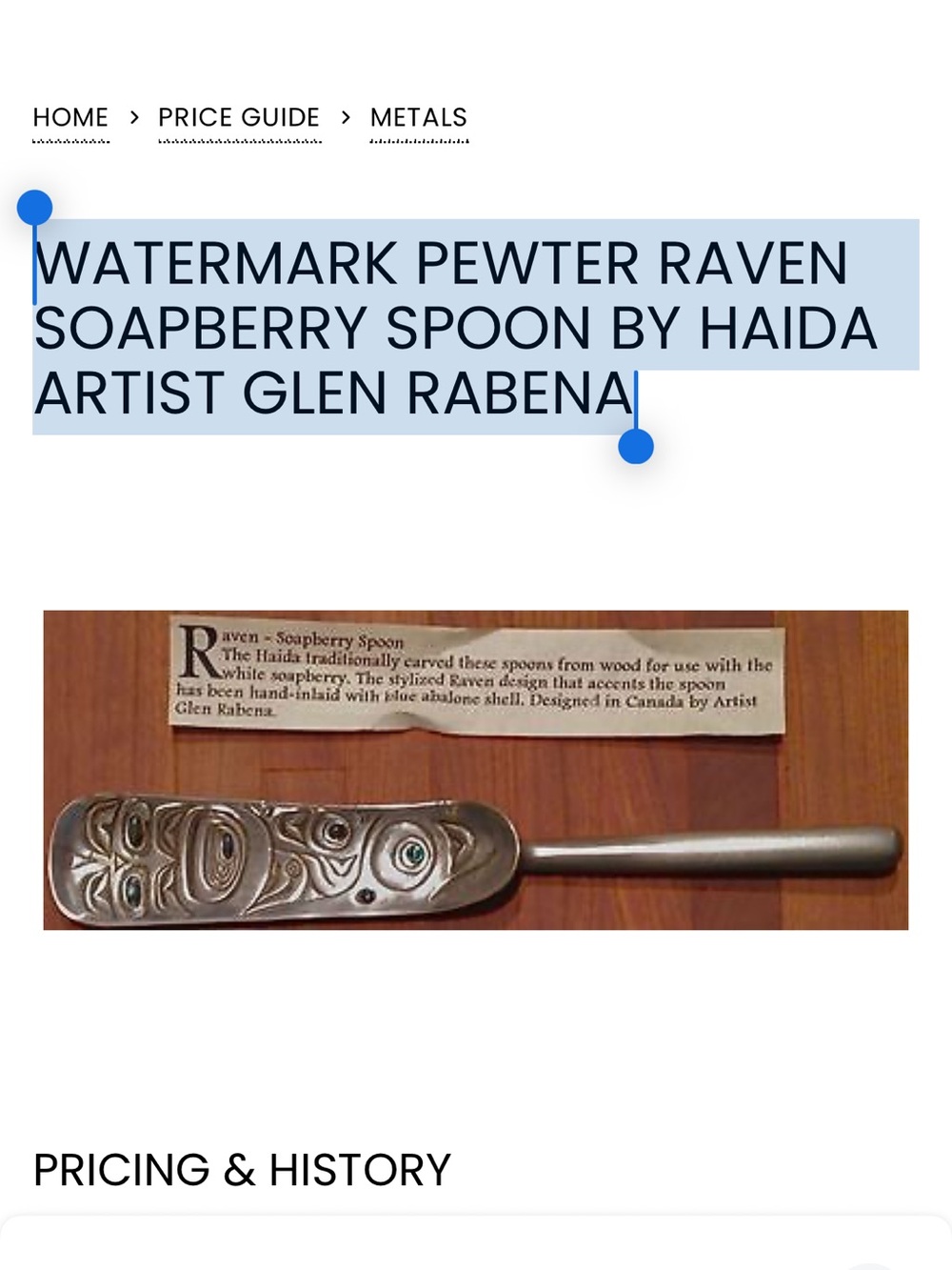 Pewter Raven Soapberry Spoon with Abalone Inlay